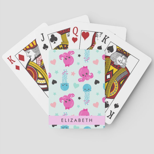 Sea Animals, Octopus, Jellyfish, Hearts, Your Name Poker Cards (Back)