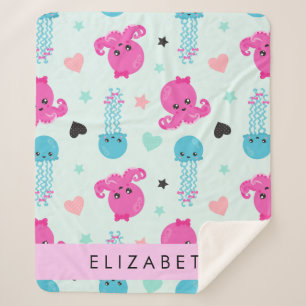 Sea Animals, Octopus, Jellyfish, Hearts, Your Name Sherpa Blanket
