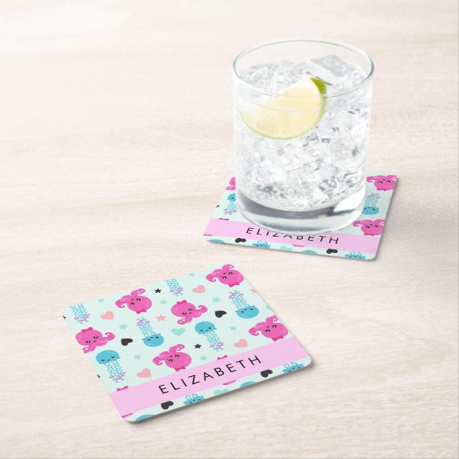 Sea Animals, Octopus, Jellyfish, Hearts, Your Name Square Paper Coaster (Insitu)