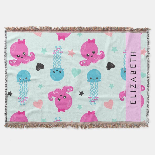 Sea Animals, Octopus, Jellyfish, Hearts, Your Name Throw Blanket (Front)