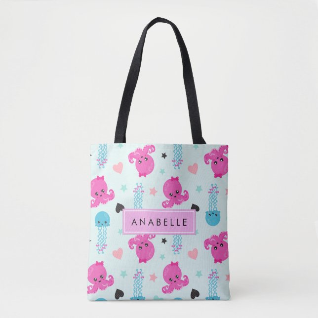 Sea Animals, Octopus, Jellyfish, Hearts, Your Name Tote Bag (Front)