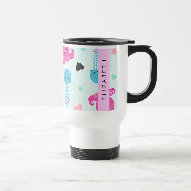Sea Animals, Octopus, Jellyfish, Hearts, Your Name Travel Mug (Right)