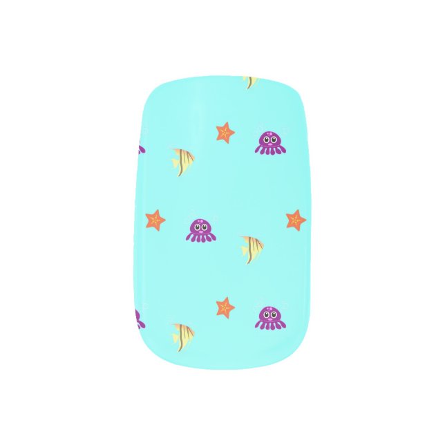 Sea animals on blue minx nail art (Left Thumb)
