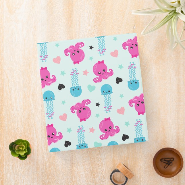 Sea Animals, Sea Life, Octopus, Jellyfish, Hearts 3 Ring Binder (In Situ)
