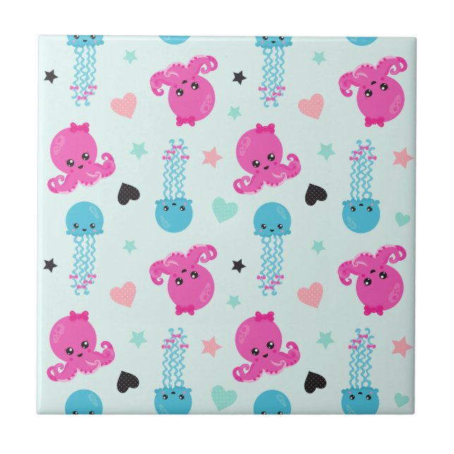 Sea Animals, Sea Life, Octopus, Jellyfish, Hearts Ceramic Tile (Front)