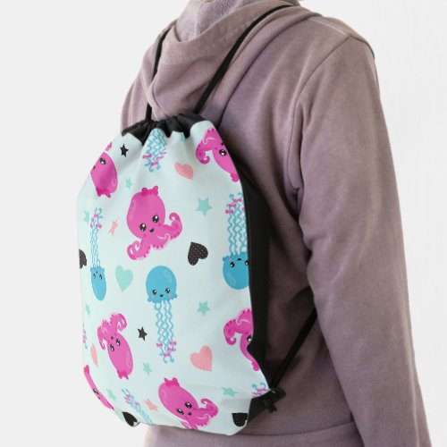 Sea Animals Sea Life Octopus Jellyfish Hearts Drawstring Bag