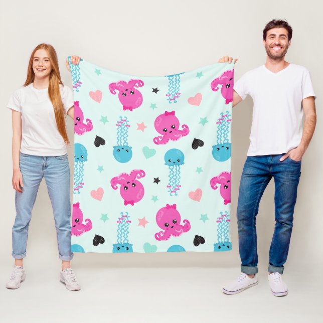 Sea Animals, Sea Life, Octopus, Jellyfish, Hearts Fleece Blanket (In Situ)
