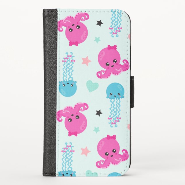 Sea Animals, Sea Life, Octopus, Jellyfish, Hearts iPhone Wallet Case (Front)