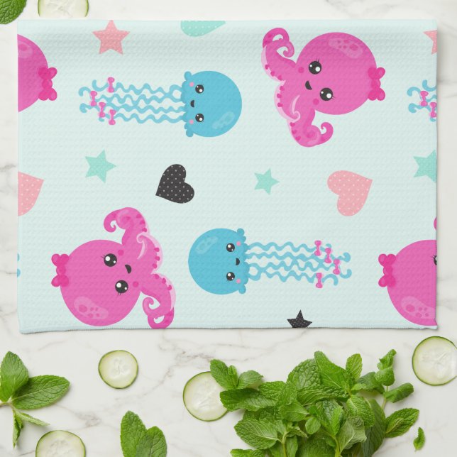 Sea Animals, Sea Life, Octopus, Jellyfish, Hearts Kitchen Towel (Folded)