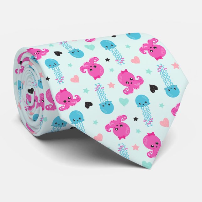 Sea Animals, Sea Life, Octopus, Jellyfish, Hearts Neck Tie (Rolled)