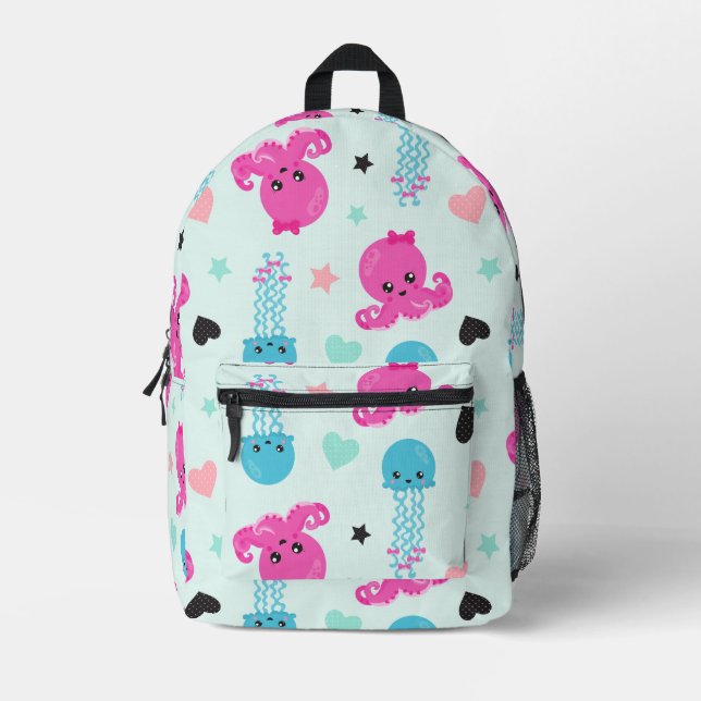 Sea Animals, Sea Life, Octopus, Jellyfish, Hearts Printed Backpack (Front)