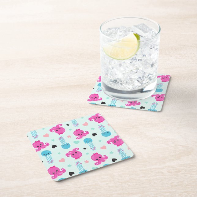 Sea Animals, Sea Life, Octopus, Jellyfish, Hearts Square Paper Coaster (Insitu)