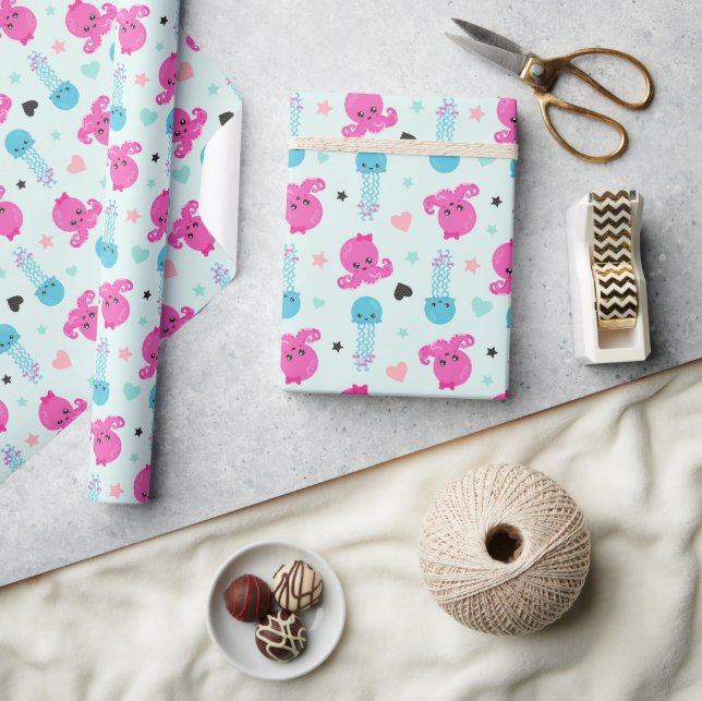 Sea Animals, Sea Life, Octopus, Jellyfish, Hearts Wrapping Paper (Crafts)