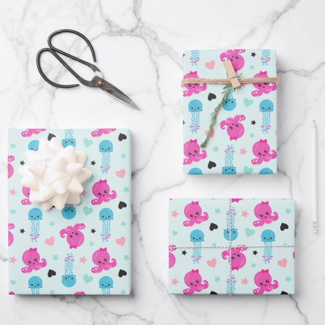 Sea Animals, Sea Life, Octopus, Jellyfish, Hearts Wrapping Paper Sheets (Front)