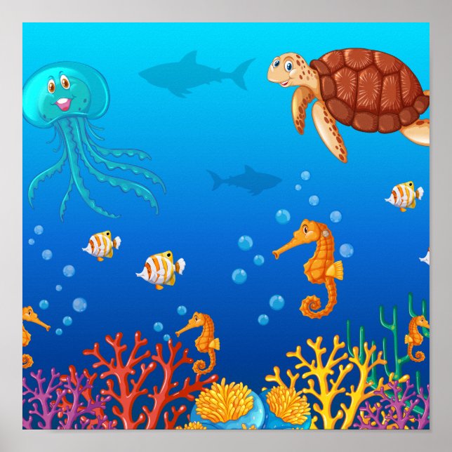 Sea animals swimming under the ocean poster (Front)