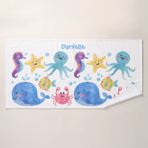 sea animals, watercolor sea animals, kids bathroom bath towel
