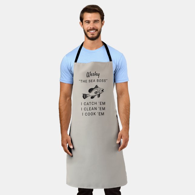 Sea Bass Fishing Humor Personalized Taupe Apron (Worn)