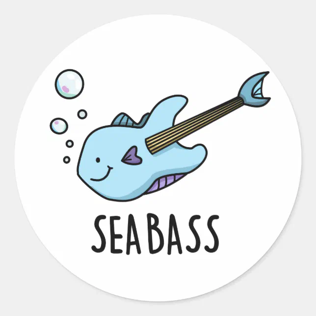Sea Bass Funny Bass Guitar Fish Pun Classic Round Sticker Zazzle