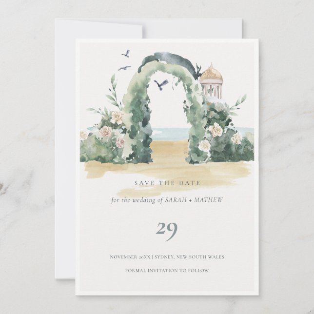 Sea Beach Floral Arch Botanical Save The Date Card (Front)