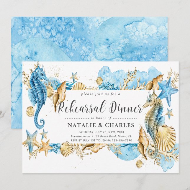 Sea & Beach Wedding Seahorse Rehearsal Dinner Invitation (Front/Back)