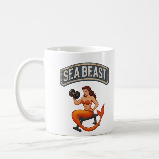 Sea Beast Gym Mermaid | Retro Pin-Up Fitness Art Coffee Mug (Left)