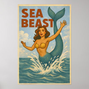 Sea Beast Retro Mermaid Funny Coastal Beach Art Poster