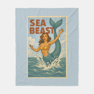 Sea Beast Retro Mermaid   Funny Coastal Beach Blue Fleece Blanket