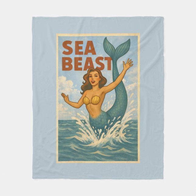 Sea Beast Retro Mermaid | Funny Coastal Beach Blue Fleece Blanket (Front)
