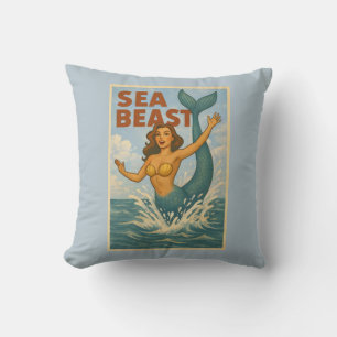Sea Beast Retro Mermaid   Funny Coastal Beach Blue Throw Pillow