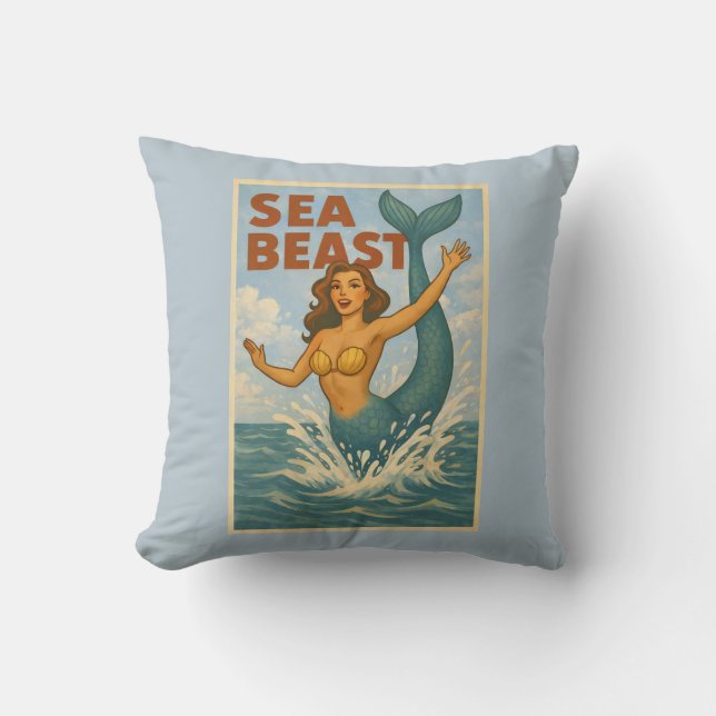 Sea Beast Retro Mermaid | Funny Coastal Beach Blue Throw Pillow (Front)