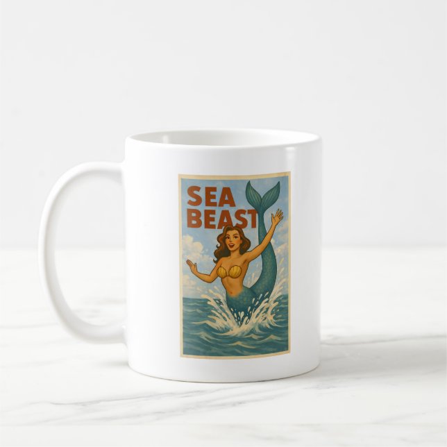 Sea Beast Retro Mermaid | Funny Coastal Beach Life Coffee Mug (Left)