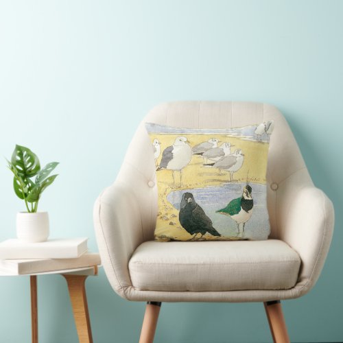 Sea Bird Watercolor Beach Painting Throw Pillow