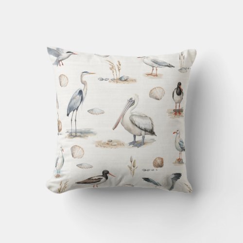 Sea Birds White Throw Pillow