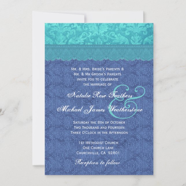 Sea Blue and Aqua Blue Damask Wedding G500F Invitation (Front)