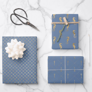 Sea Blue and Gold Seahorse Trident Mermaid Scales Wrapping Paper Sheets