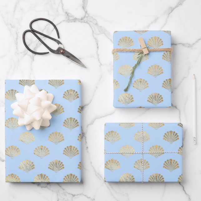 Sea Blue and Metallic Gold Shell, Under The Sea Wrapping Paper Sheets (Front)