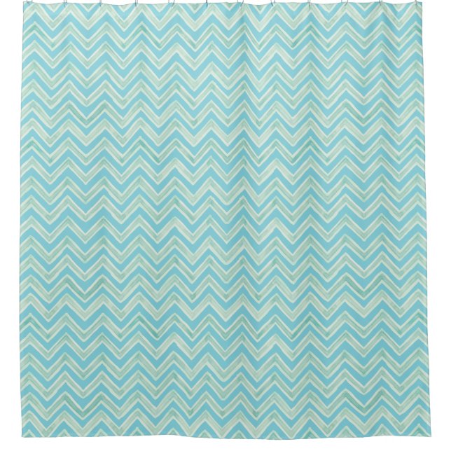 Sea Blue Beach Watercolor Chevron Striped Pattern Shower Curtain (Front)