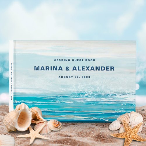Sea Blue Beach Waves Coastal Watercolor Wedding Guest Book
