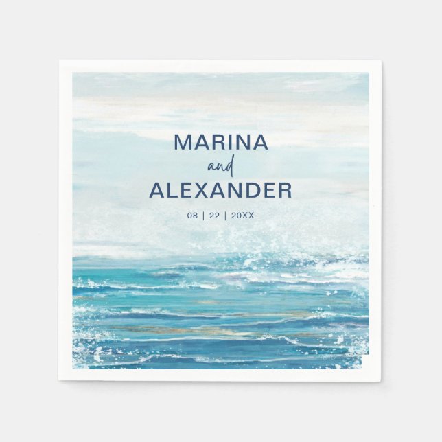 Sea Blue Beach Waves Coastal Watercolor Wedding Napkins (Front)
