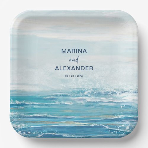 Sea Blue Beach Waves Coastal Watercolor Wedding Paper Plates