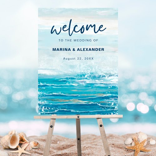 Sea Blue Beach Waves Coastal Wedding Welcome Sign