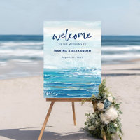 Sea Blue Beach Waves Coastal Wedding Welcome Sign