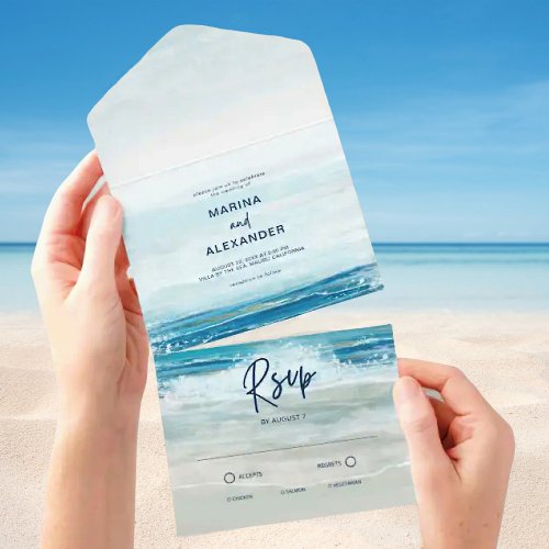 Sea Blue Beach Waves Watercolor Wedding All In One Invitation