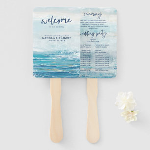 Sea Blue Beach Waves Watercolor Wedding Program Hand Fan