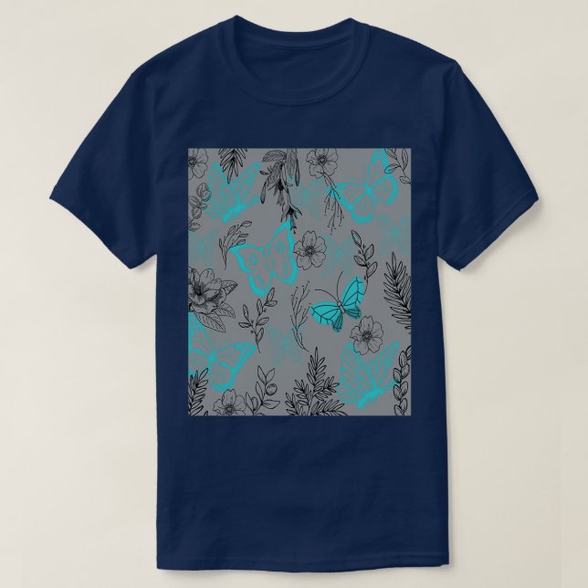 Sea Blue Butterflies in the Ultimate Gray Forest T-Shirt (Design Front)