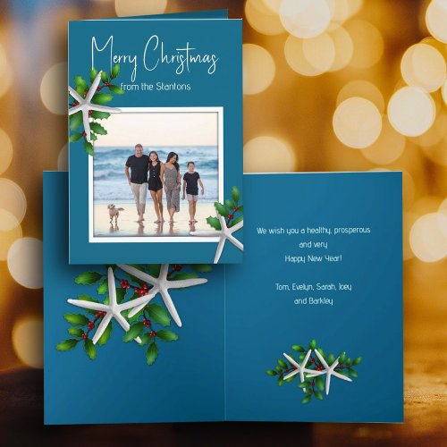 Sea Blue Christmas Photo Message Folded Cards