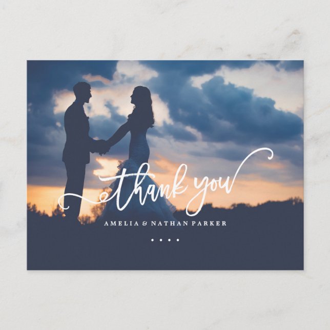 Sea Blue Gold Photo Wedding Thank You PostCard (Front)