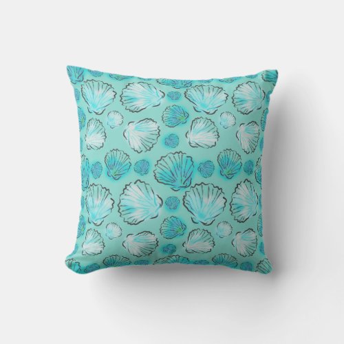 Sea Blue Green Seashell Beachy Outdoor Pillow