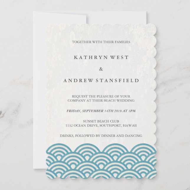 Sea Blue Green Stylized Sea Waves Beach Wedding Invitation (Front)