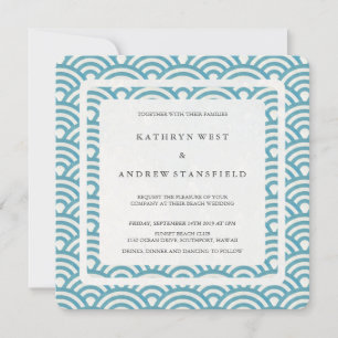 Sea Blue Green Stylized Waves Modern Wedding Invitation